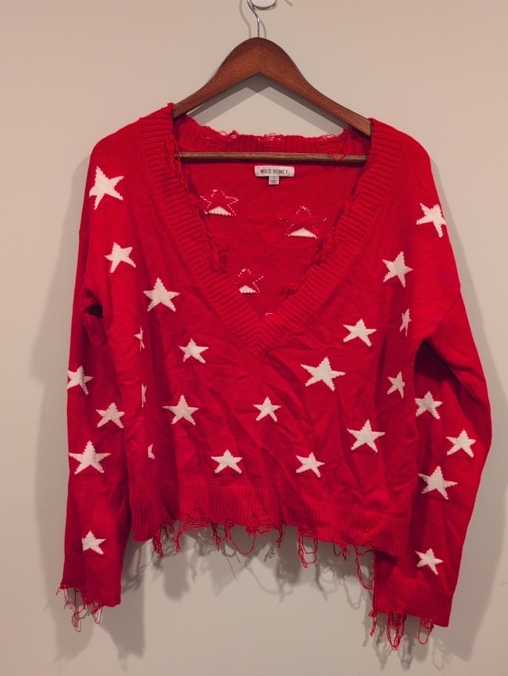 Wild Honey Red V-Neck Star Knit Sweater